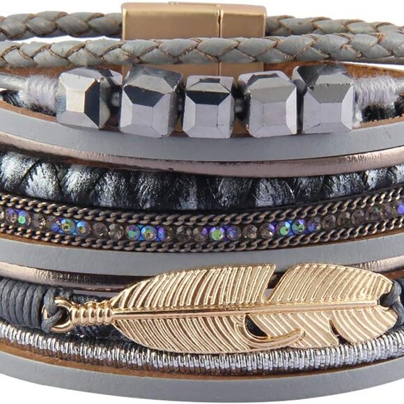 Women's Leather Cuff Bracelet Feather Multi Strand Wrap Jewelry Gift - Picture 1 of 8